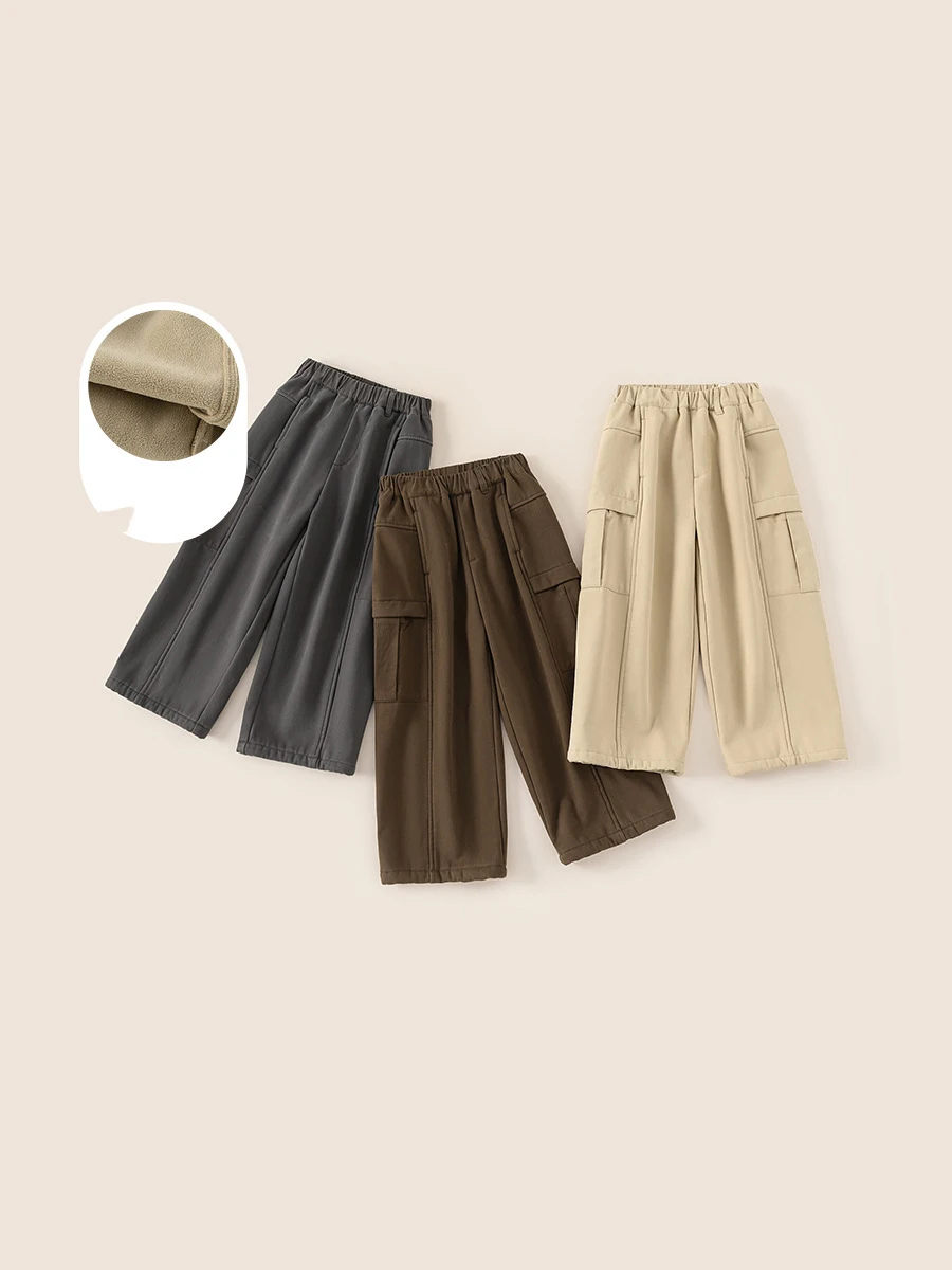 

Children Boy Cargo Pant Solid Color Toddler Kids Boys Fleece Pant New Winter Versatile Elastic Waist Little Boys Casual Pant