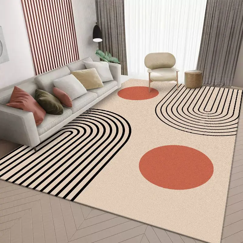 VIKAMA Blue Grey Abstract Carpet, Golden Geometric Line Circle Pattern Non Skid Large Rug for Bedroom Living Room Decoration
