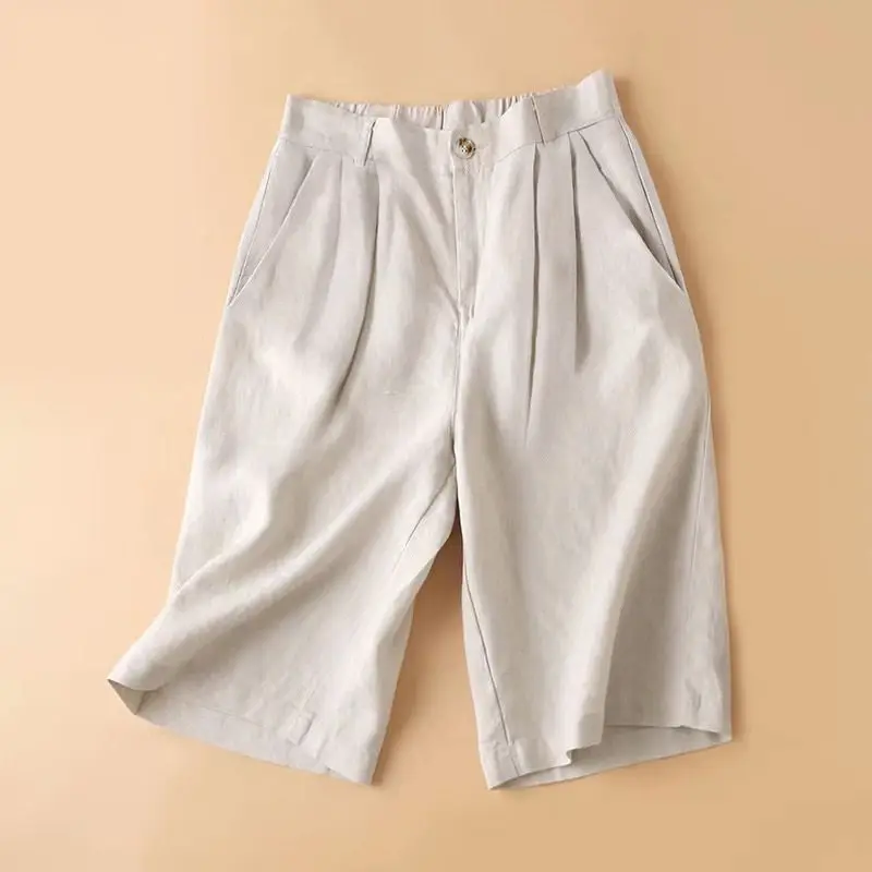 

Linen mid length shorts summer slimming women's high waist solid color commute wide leg cotton linen five quarter suit pants