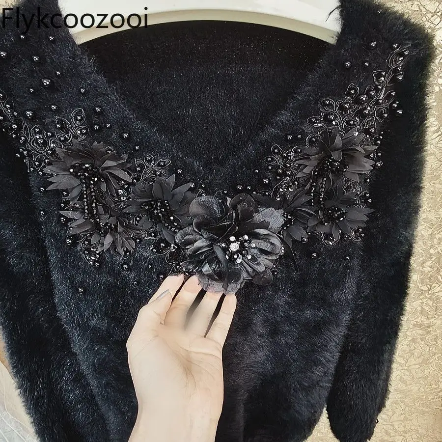 Unique Luxury Handmade Black Crystal Beaded Large Sequin Flower Fringe Chunky Plus Size Sweater Casacos De Trico Feminino