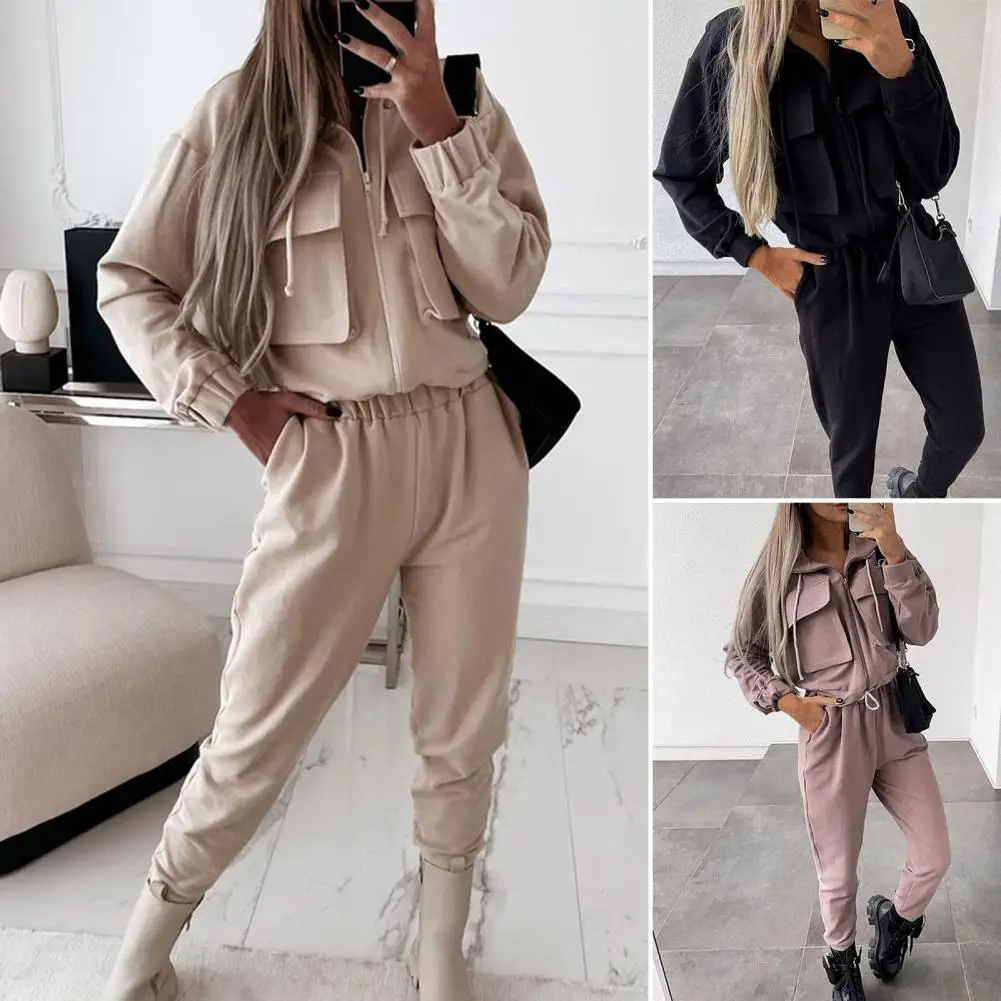 New Autumn Solid Trousers Suit Casual Cargo Women Set 2 Pieces Fashion Long Sleeve Zipper Coat&Women Pants Streetwear Track Suit