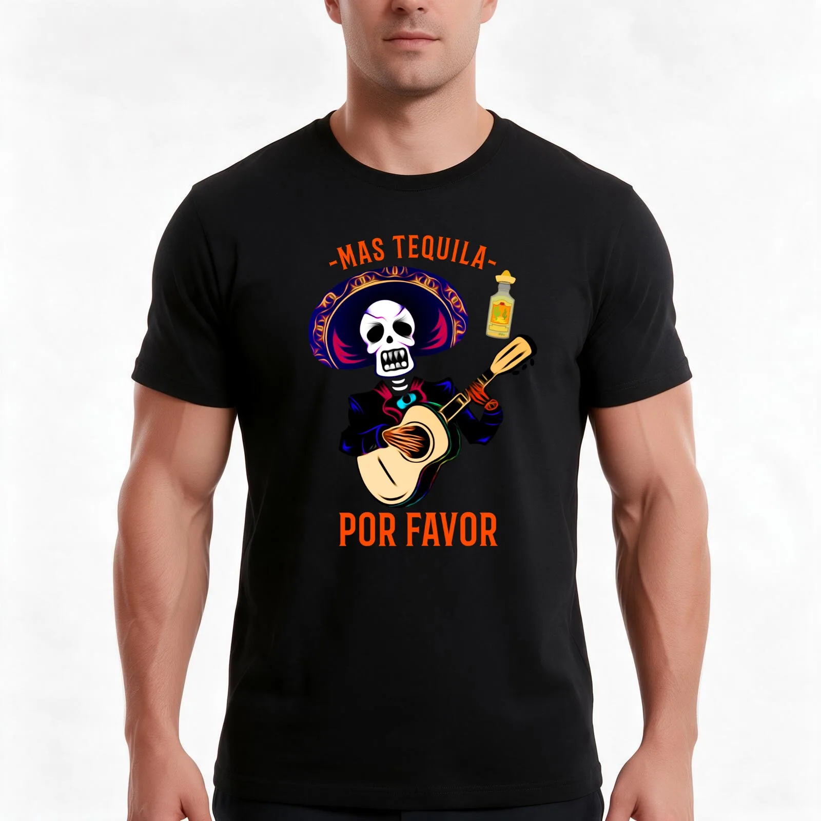 mas tequila por favor skeleton singing T-Shirt, Summer Casual Cotton Tee, Oversized Streetwear Tops, Vintage Graphic Print