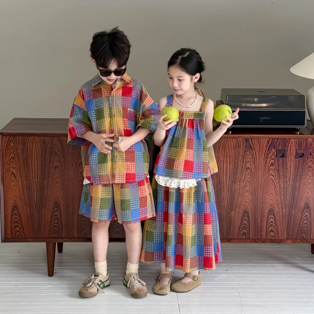 

Suit 2025 Autumn New Children's Clothing Korean Style Boys and Girls Color Plaid Shirt Shorts Halter Half Skirt Casual Simple