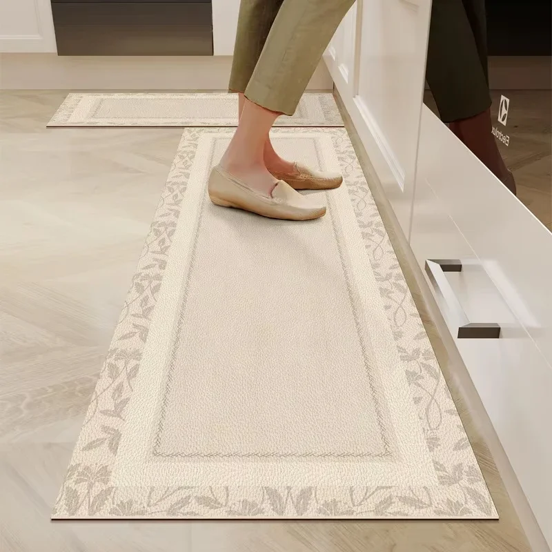 Kitchen Floor Mat Oil-proof Non-slip Waterproof Beige Carpet Home Decoration Scrubbable PVC Leather Long Strip Rug Alfombra