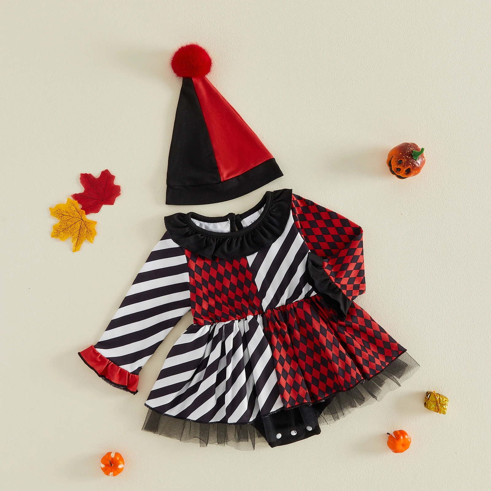 Infant Baby Girl Halloween Outfit Clown Themed Long Sleeve Crew Neck Patchwork Romper Dress And Matching Pointed Hat Set