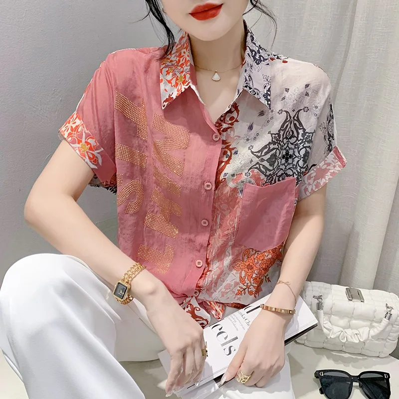 

Vintage Women's Blouses Print Casual Shirts Fashion Loose Spring/Summer Korean Clothing Short Sleeves Women Tops