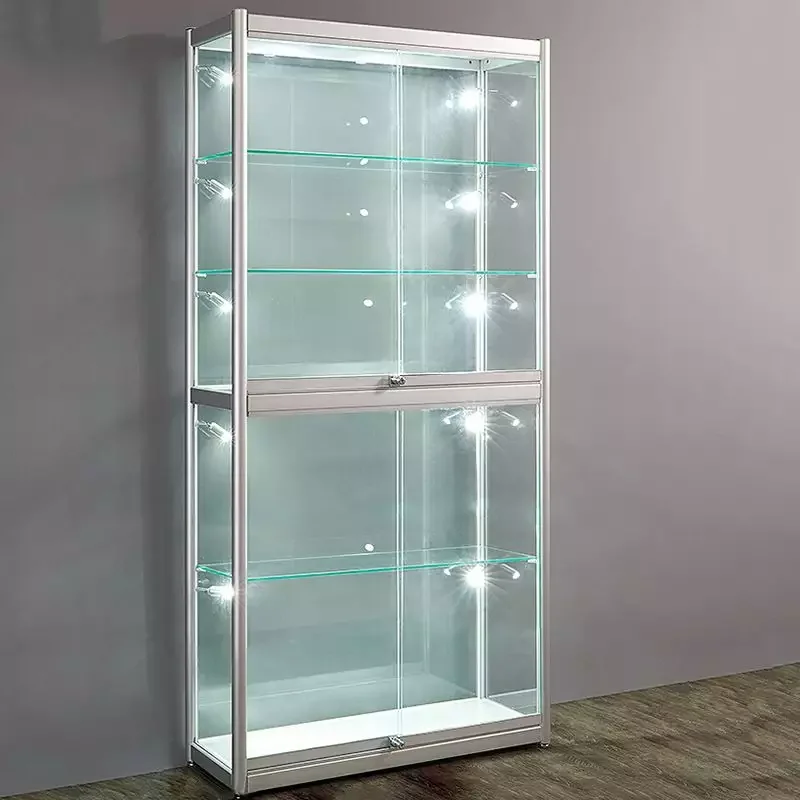 Custom, Full Lockable Tall Glass Display Cabinet Aluminum Frame Led Lighting Wall Display Show with Sliding Doors