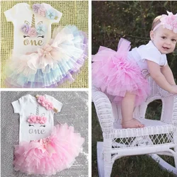 Baby Girl Unicorn 1st Birthday Party Romper Tutu Dress Clothes 3Pcs Sets Outfits NewBorn Girls Rainbow Baptism Princess Dress