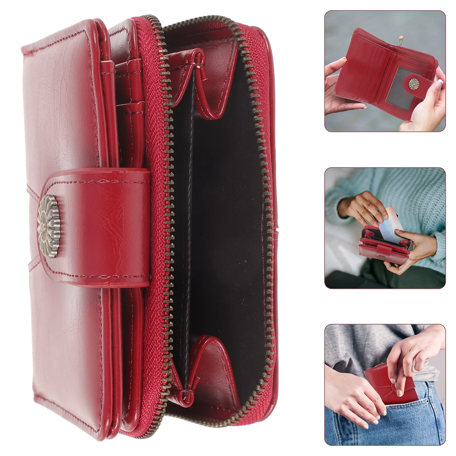 

Women Compact Wallet Oil Wax Small Purse for Cards Coins Change Lightweight Portable Zipper Closure Travel Essential