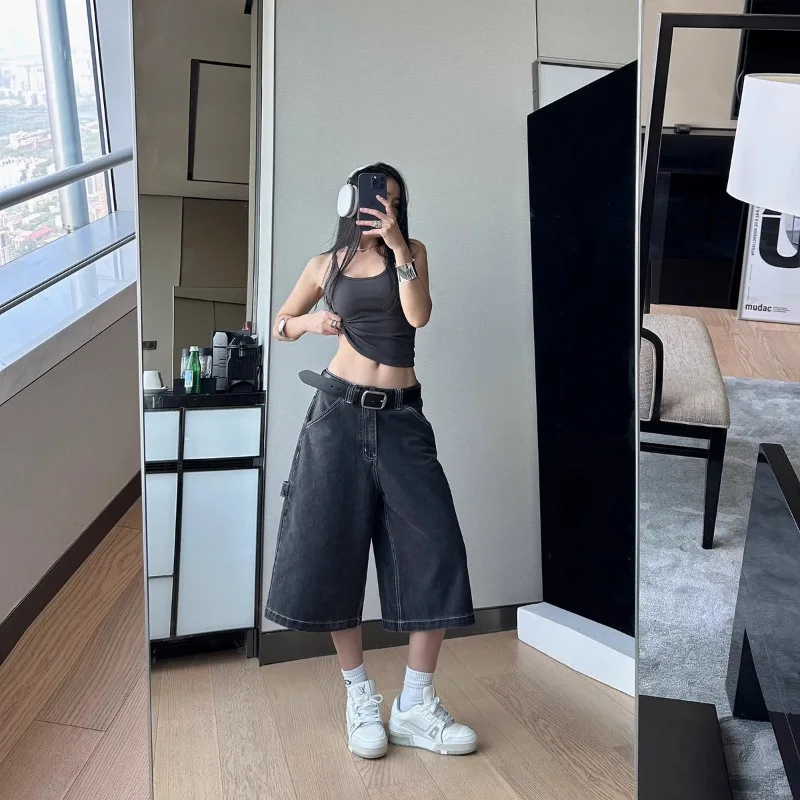 Women's Minimalist Style Gray Retro Straight Denim Shorts Female Trousers Cropped Jeans Cool Girl 90s Capris Calf-length Pants