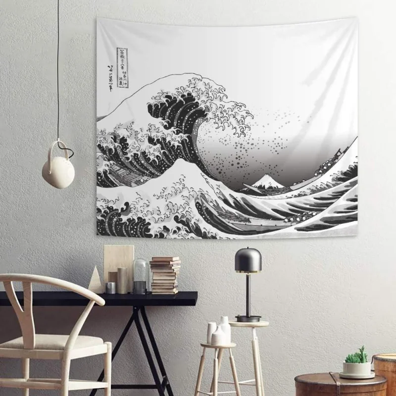 VIKAMA The Great Wave off Kanagawa Black & White Tapestry Japanese Ukiyo-e Art Wall Hanging for Living Room Bedroom Study Decor