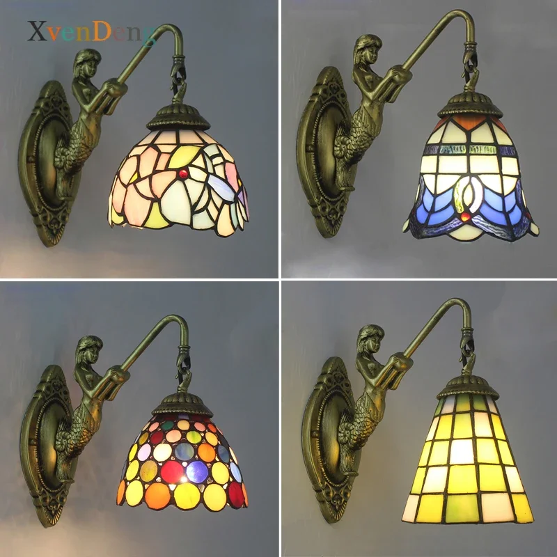 Tiffany Stained Glass Wall Lamps for Bedroom Bathroom Bar Living Room Decor Mediterranean Resin Mermaid LED Wall Light Fixtures