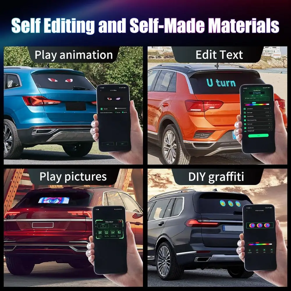 Doppi occhi da diavolo LED 23,62x4,72 con testo e animazione personalizzabili, telecomandati tramite app, cartello scorrevole flessibile per veicolo Wi