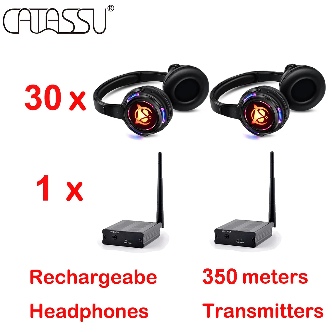 Professional Silent Disco LED Light Wireless Headphones Bundle for Parties with 30pcs RF Receivers 1/2/3 Transmitters