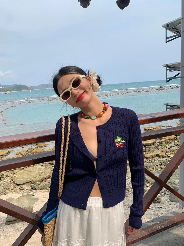 

Женский вязаный кардиган из ледяного шелка с длинными рукавами, вышивкой и узором «косы», в корейском стиле, прямого кроя, летний, модный, премиум-качество