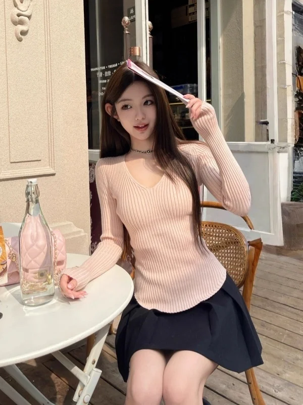 

Pink Soft V-neck Knitwear Women's Autumn Winter Korean Style Slim Fit Long Sleeve Base Shirt Top Peixi Commute Style