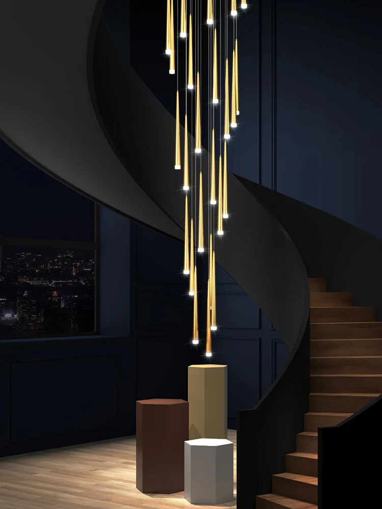 Stair Long Chandelier Modern Minimalist Nordic Light Luxury Black Villa Living Room Dining Room Rotating Duplex Building