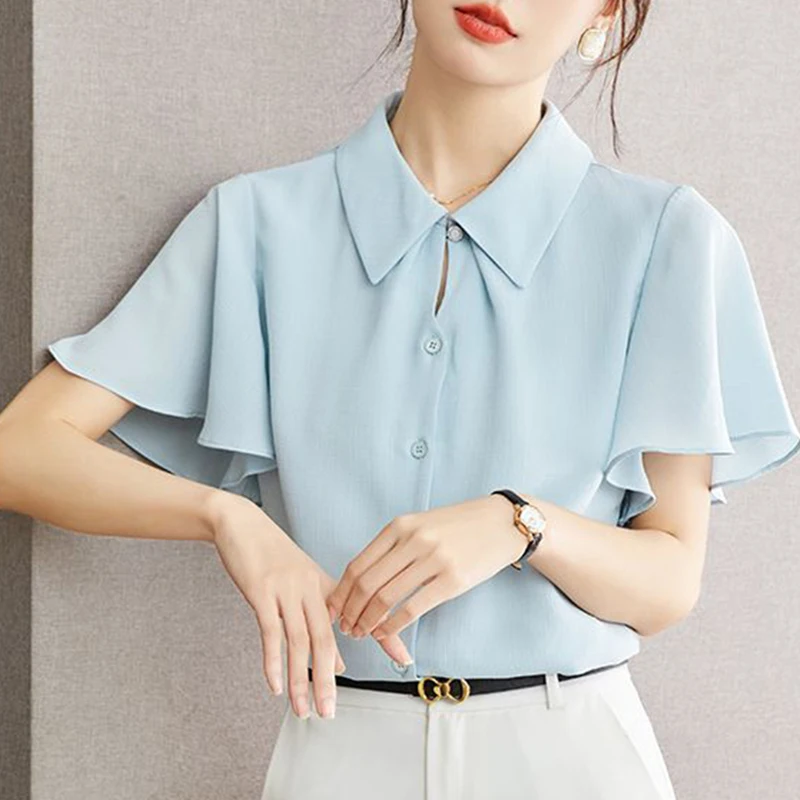 

Elegant Ruffles Button Solid Color Chiffon Shirt Female Clothing 2025 Summer New Casual Tops Loose All-match Office Lady Blouse
