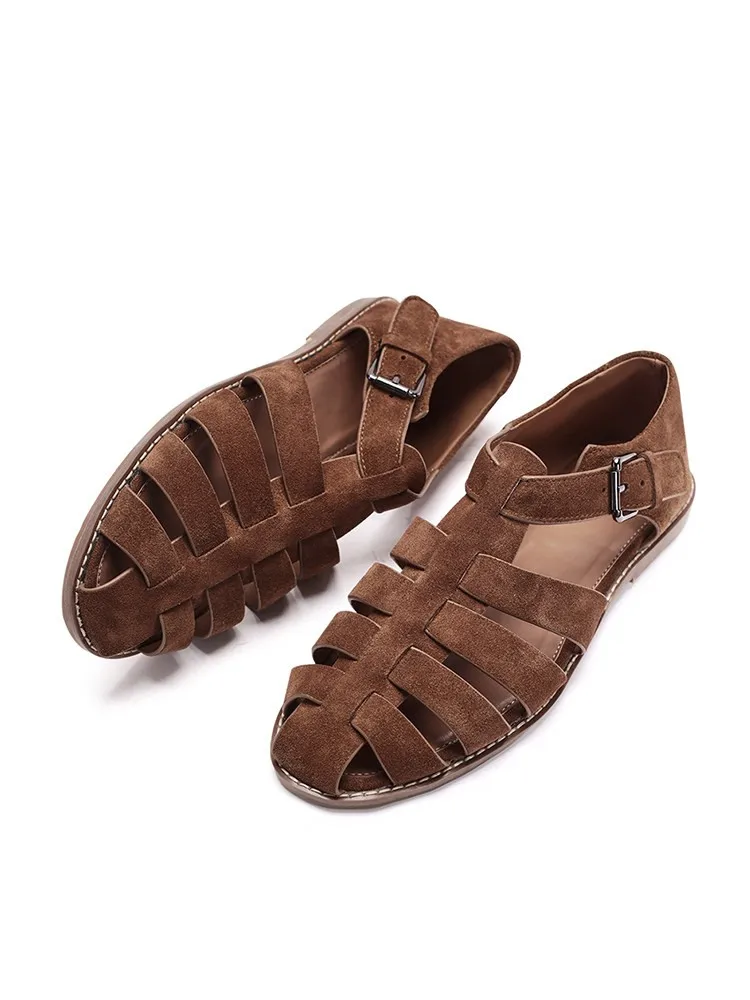 Vintage Men New Summer Gladiator Sandal Cow Suede Leather Shoes Breathable Close Toe Buckle Strap Harajuku Sandals Male Handmade