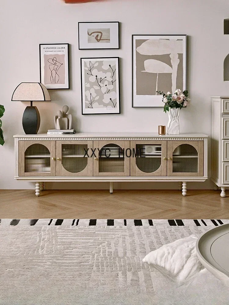 

French Cream Style Solid Wood TV Cabinet Floor Living Room Furniture American Retro Storage Cabinet