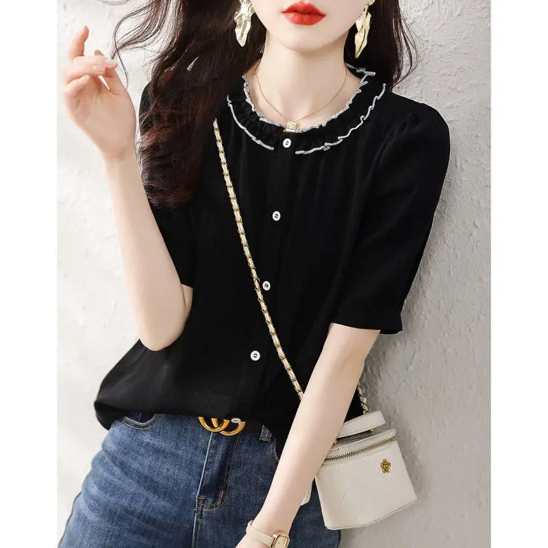 

Fashion O-Neck Spliced Button Loose Short Sleeve Ruffles Shirt Women's Clothing 2023 Summer New Casual Tops All-match Blouse