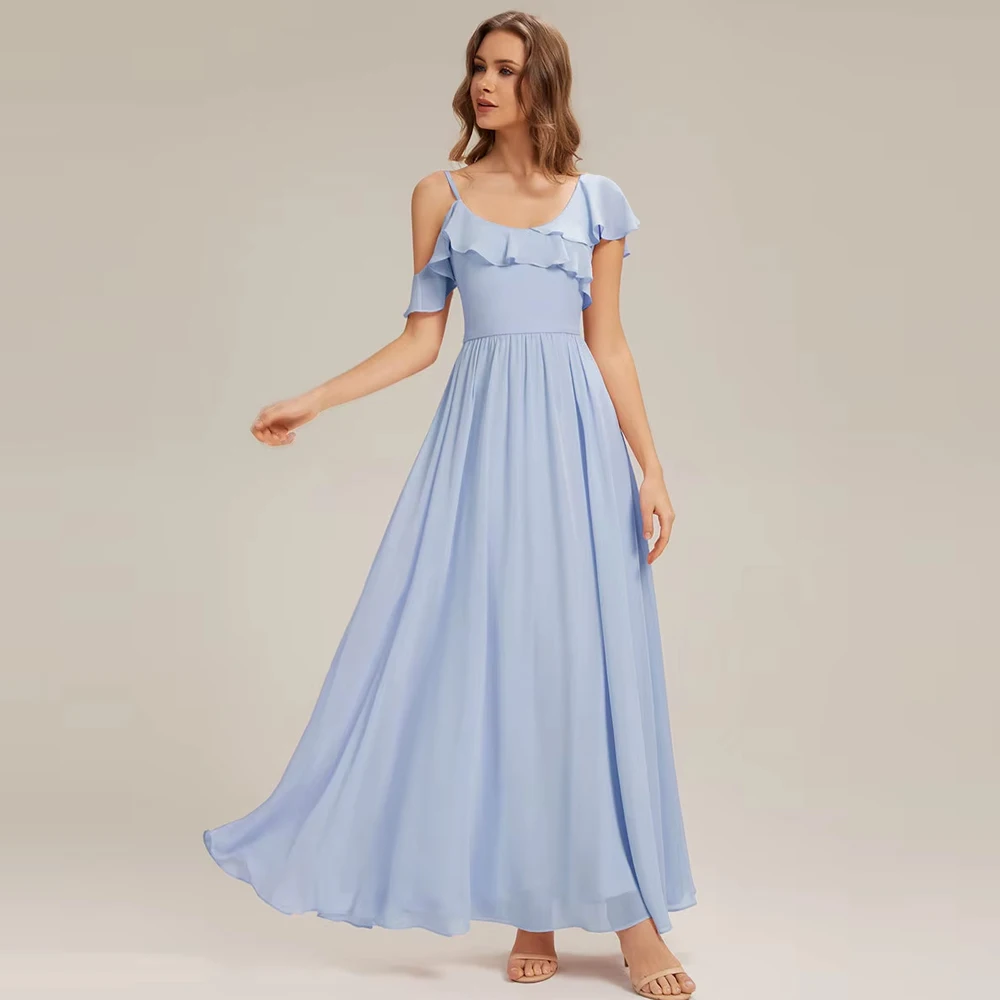 BAZIIINGAAA Vestido de fiesta con volantes de manga corta, asimétrico, línea A, largo hasta el suelo, vestidos de dama de honor, vestido de noche ﻿