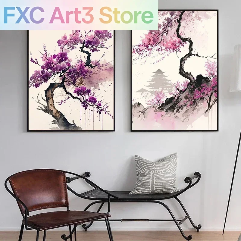 1pc frameless,Japanese Classical Cherry Blossoms Landscape Poster and Picture Vintage Sakura Wall Art Print Scenery Canvas Paint