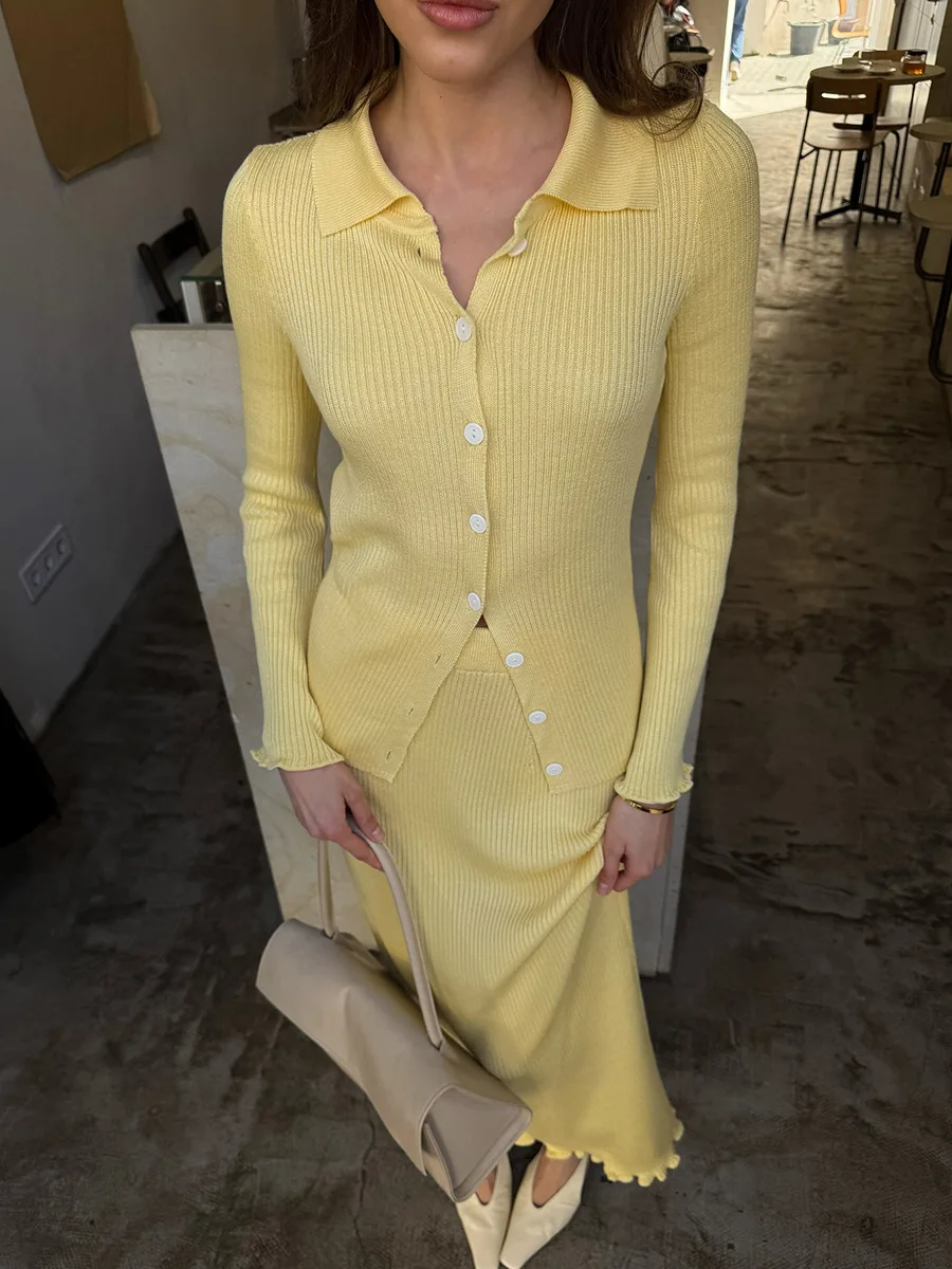 

Wolfeel Autumn Winter New Women's POLO Neck Long Sleeve Cardigan Skirt Set Ribbed Knit Button Front Elastic Casual Set