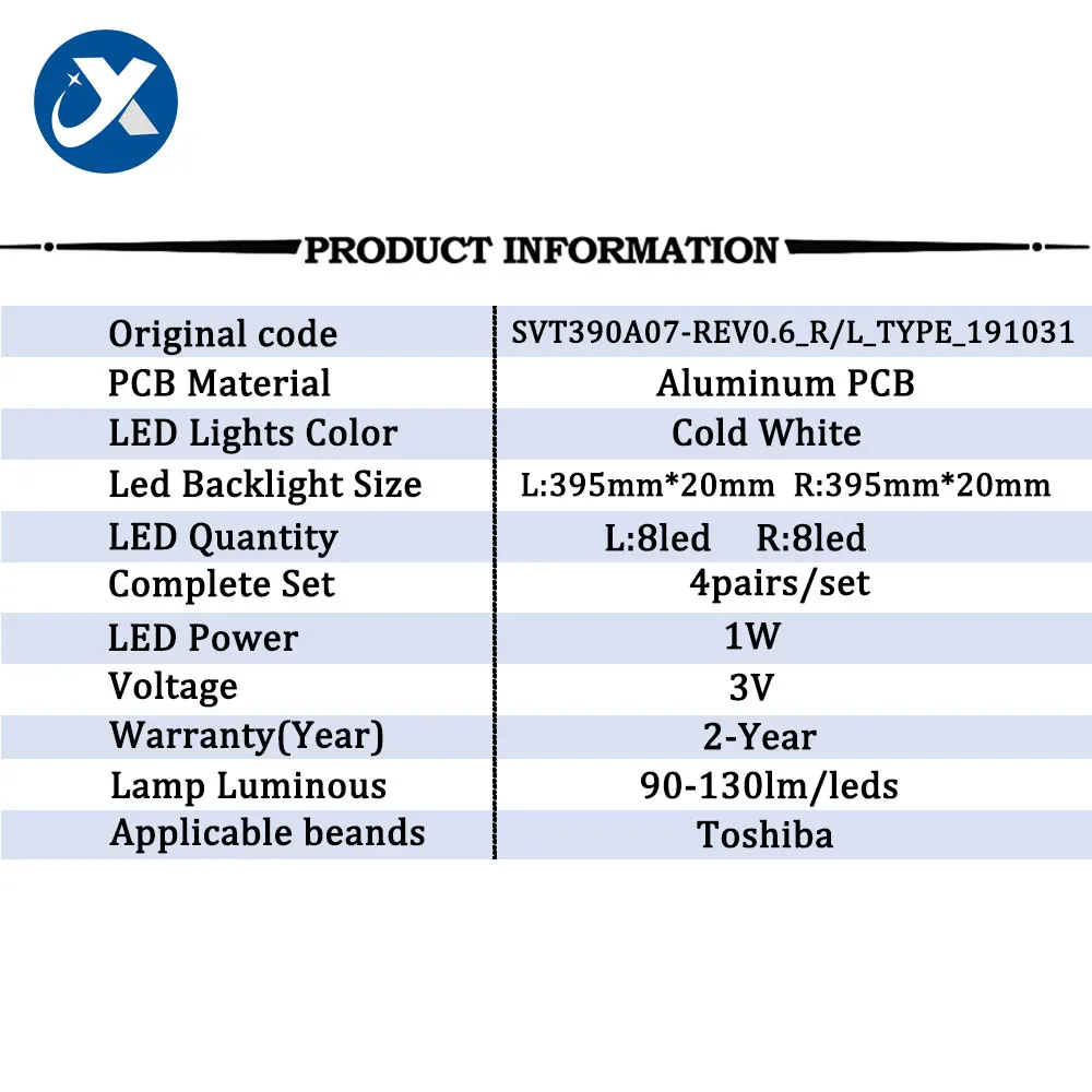 แถบไฟแบ็คไลท์ LED ขนาด395มม. 4คู่/เซ็ต39นิ้วสำหรับ SVT390A07-REV0.6_L_TYPE_191031 SVT390A07-REV0.6_R_TYPE_191031 3V1W 8Led โตชิบา