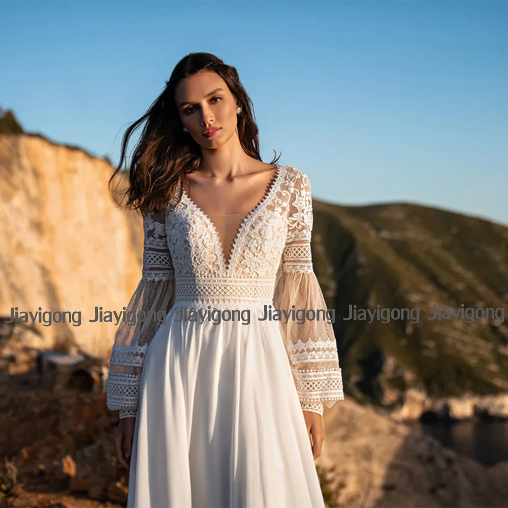 Boho vestido de casamento praia vestido de noiva mangas compridas com decote em v trem varredura sem costas boêmio rendas chiffon vestidos de noiva robe de mariee