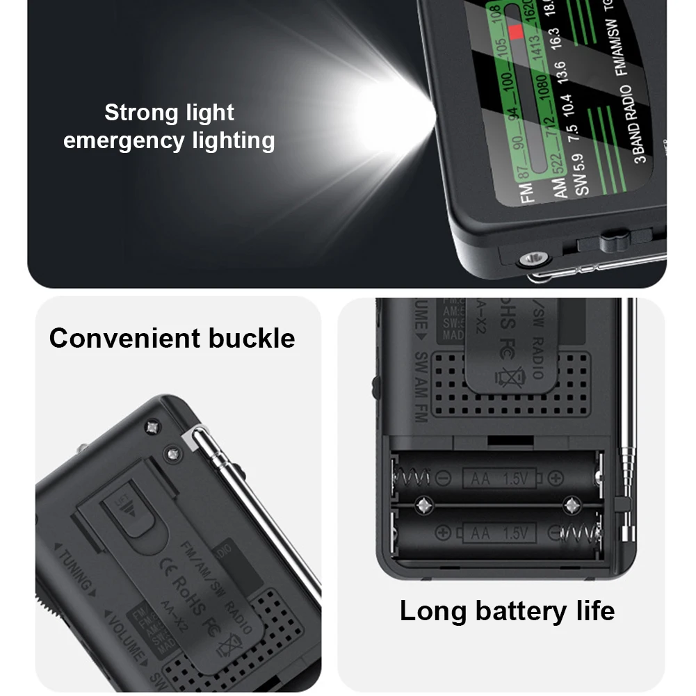 Portable AM FM SW Radio Battery Operated Radio with LED Flashlight Pocket Radio for Outdoor Camping and Emergency