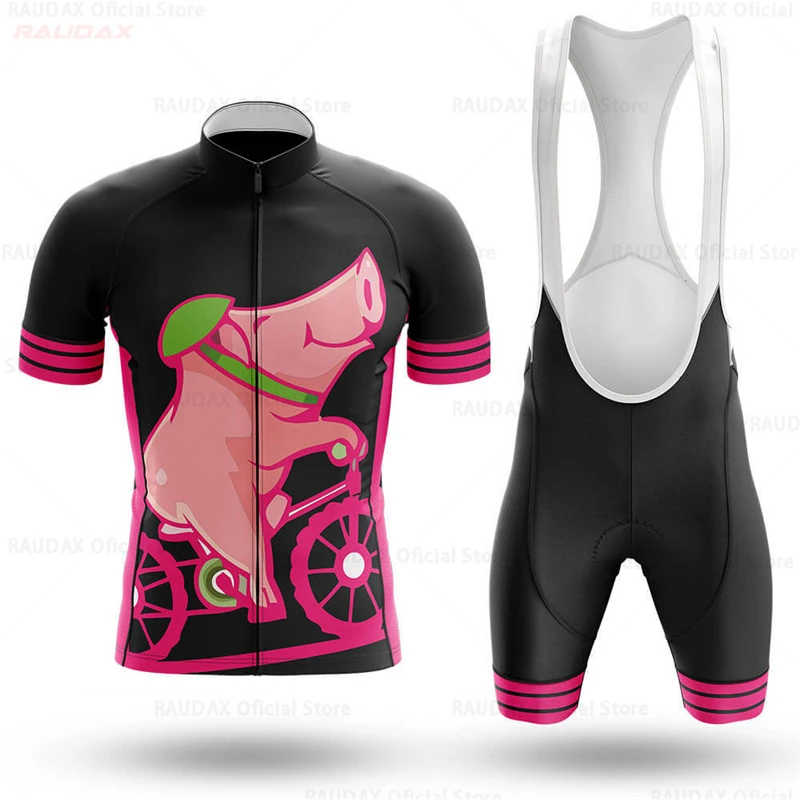 Funny Pig 2023 New Cycling Jersey Set Mens Cartoon Anime Pink Clothing Road Bike Shirts Bicycle Bib Shorts MTB Wear Maillot Ropa