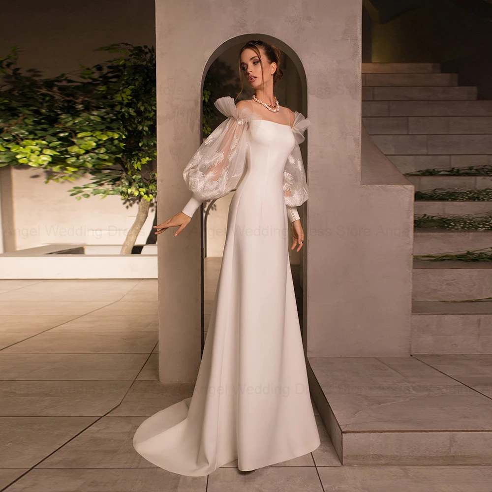 Anjo personalizado elegante sereia vestido de casamento lanterna manga cetim robe de soirée penas rendas trem varredura festa de noiva 2025