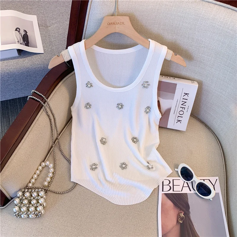 Pearl Diamonds Beaded Sweater Vest Crop Tops Women Korean Sexy Elegant Stylish Knitwear 2024 Summer Sleeveless O-neck Jumpers