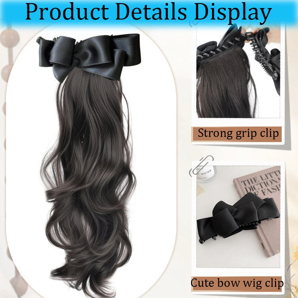 Elegant Synthetic Silk Bowknot Banana Claw Clip Ponytail Wig With Grab Clip Long Wavy Layered Ponytail for Women Daily Party Use