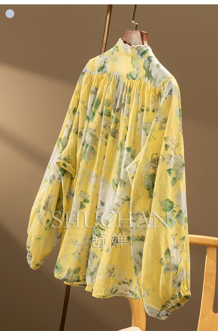 Bright Yellow in Early Autumn, Australian Niche Holiday Style 100 Ramie Stand-up Collar Lantern Sleeve Shirt Women