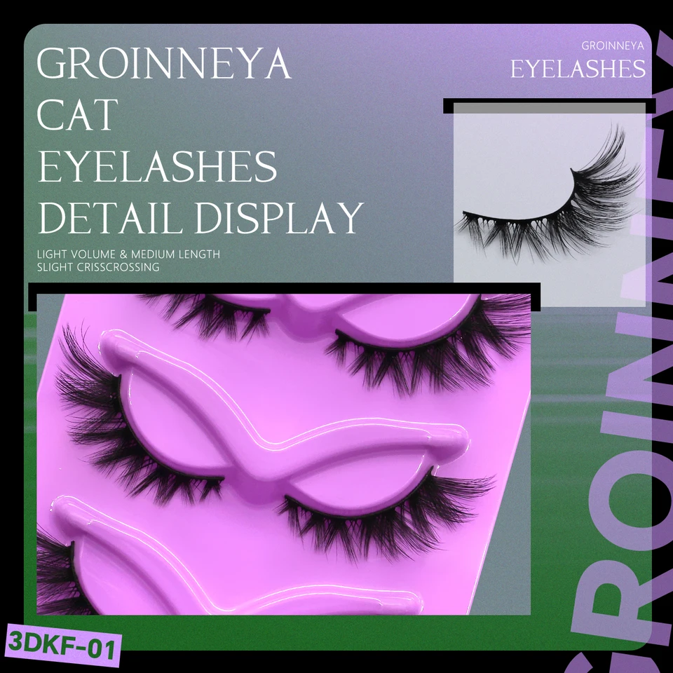 Pestañas Postizas Cat Eye GROINNEYA 5 Pares, Dramáticas y Voluminosas 8D, Suaves, Efecto Mink, para Maquillaje 3