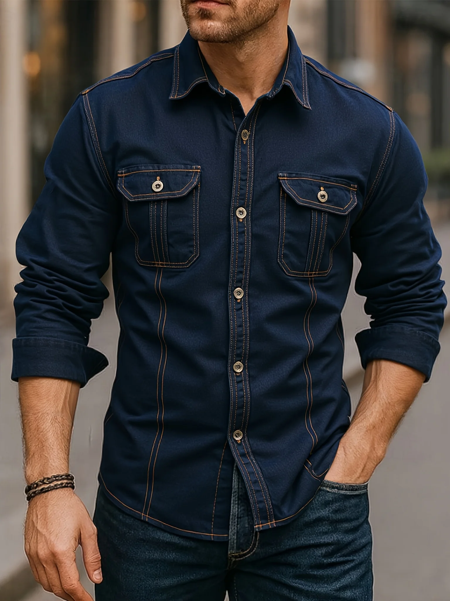 Men's long-sleeved denim shirt, new style top, tough guy workwear style. Men's denim shirt with double chest pockets, designed f