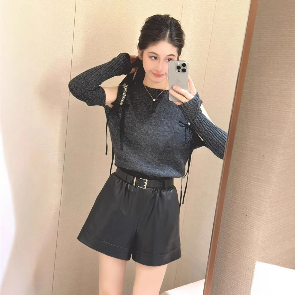 

MaSande Autumn Winter New Sle Korean Sle Ele Diamond Embellied oulder Bared Detachable Long Sve Knitted Sweater