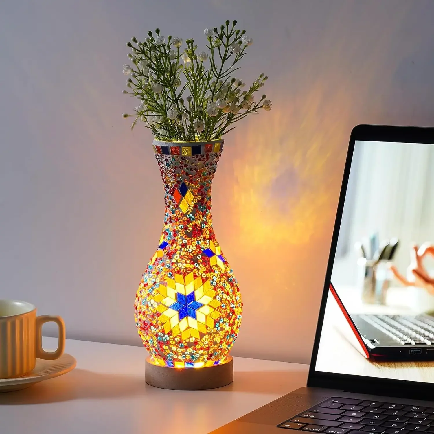 Mosaic Vase Lamp, Turkish Moroccan Table Lamp,Colorful Handmade Glass Vase with Wood Base for Flowers, USB Charge Decor Light