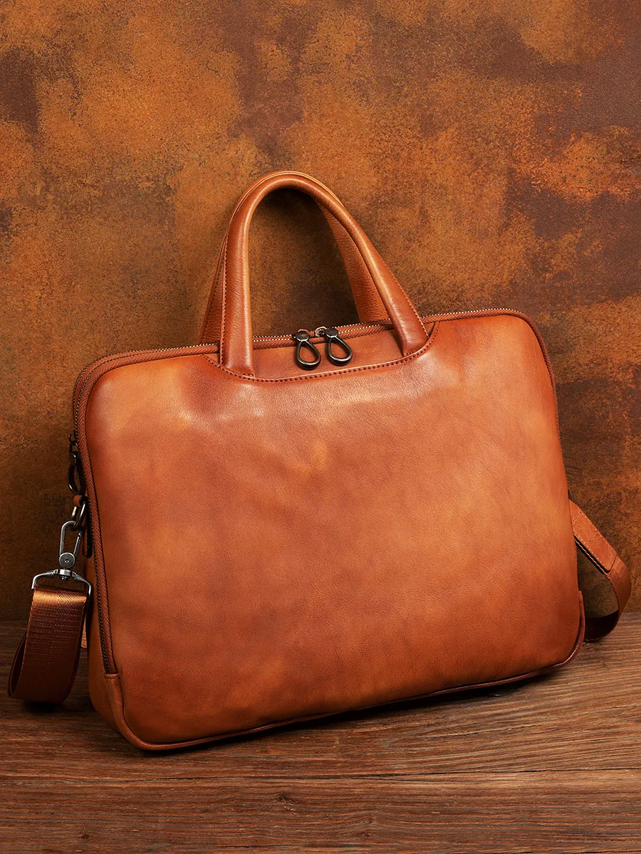 High Quality Light Luxury Handmade Vegetable Tanned Cowhide Briefcase Leather Men's Bag Business Computer Retro Handbag