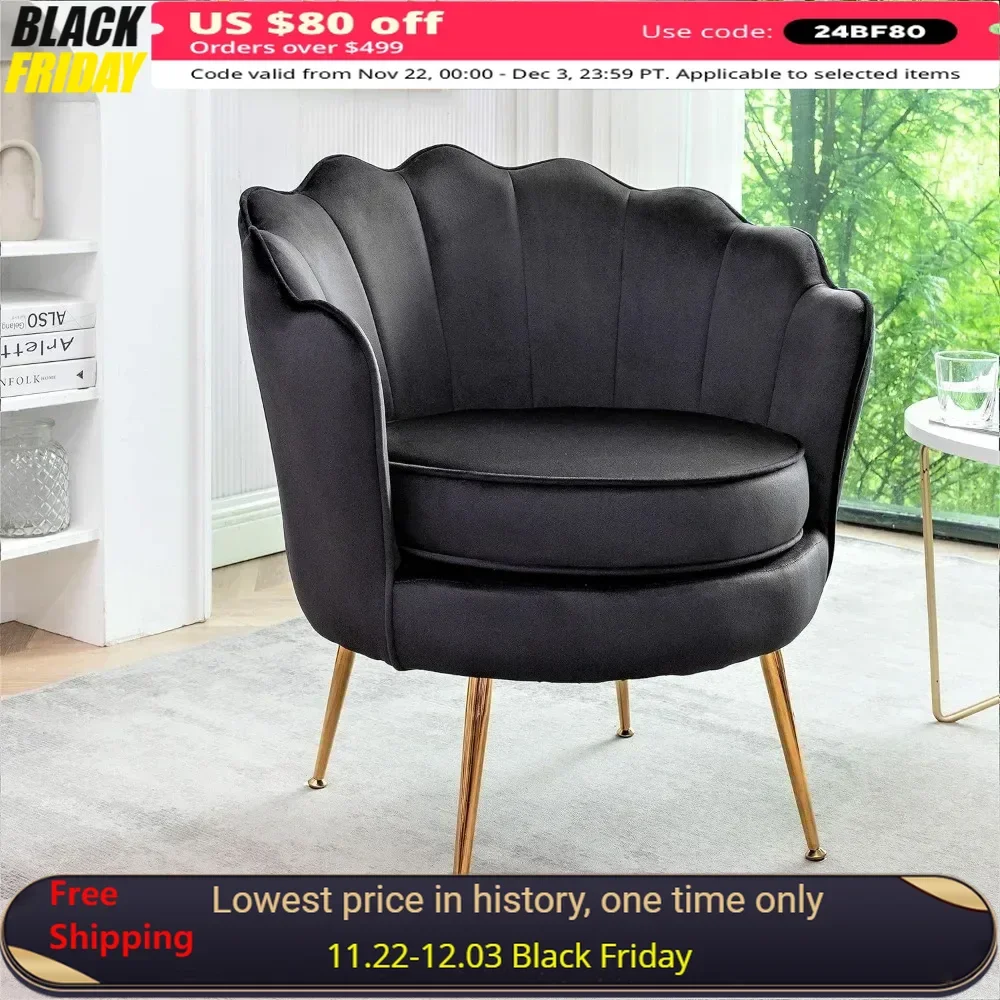 

Furniture Direct Velvet Barrel Accent Chair With Scalloped Silhouette and Gold Metal Legs Chairs for Living Room Furniture Black