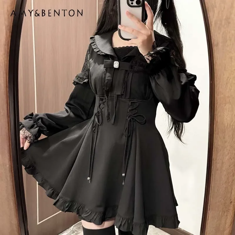 Lolita Style Dress Sets Japanese Mine Series Mass Production Lace Off-Shoulder Long Sleeve Slim Dress Shorts Two-piece Set Women