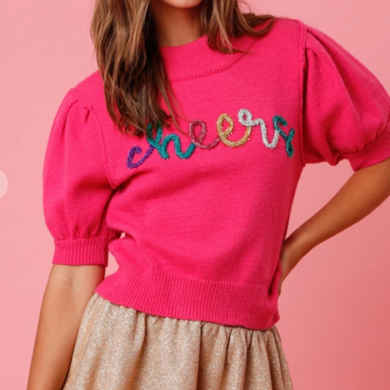 

Christmas Sweater Vest for Women Sequins Santa Letter Print Knitwear Shirt Vintage Short Puff Sleeve Xmas Pollovers