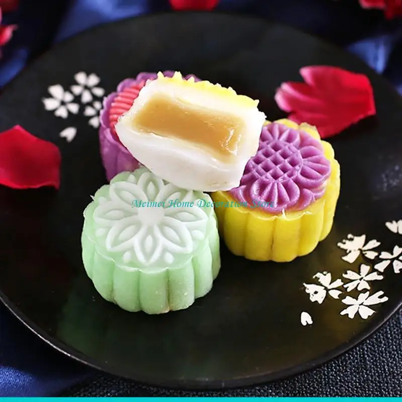 

H7BF Moon Cake Mould Mold with 6Pcs Stamps Round Flower Pastry Mooncake Hand DIY Tool