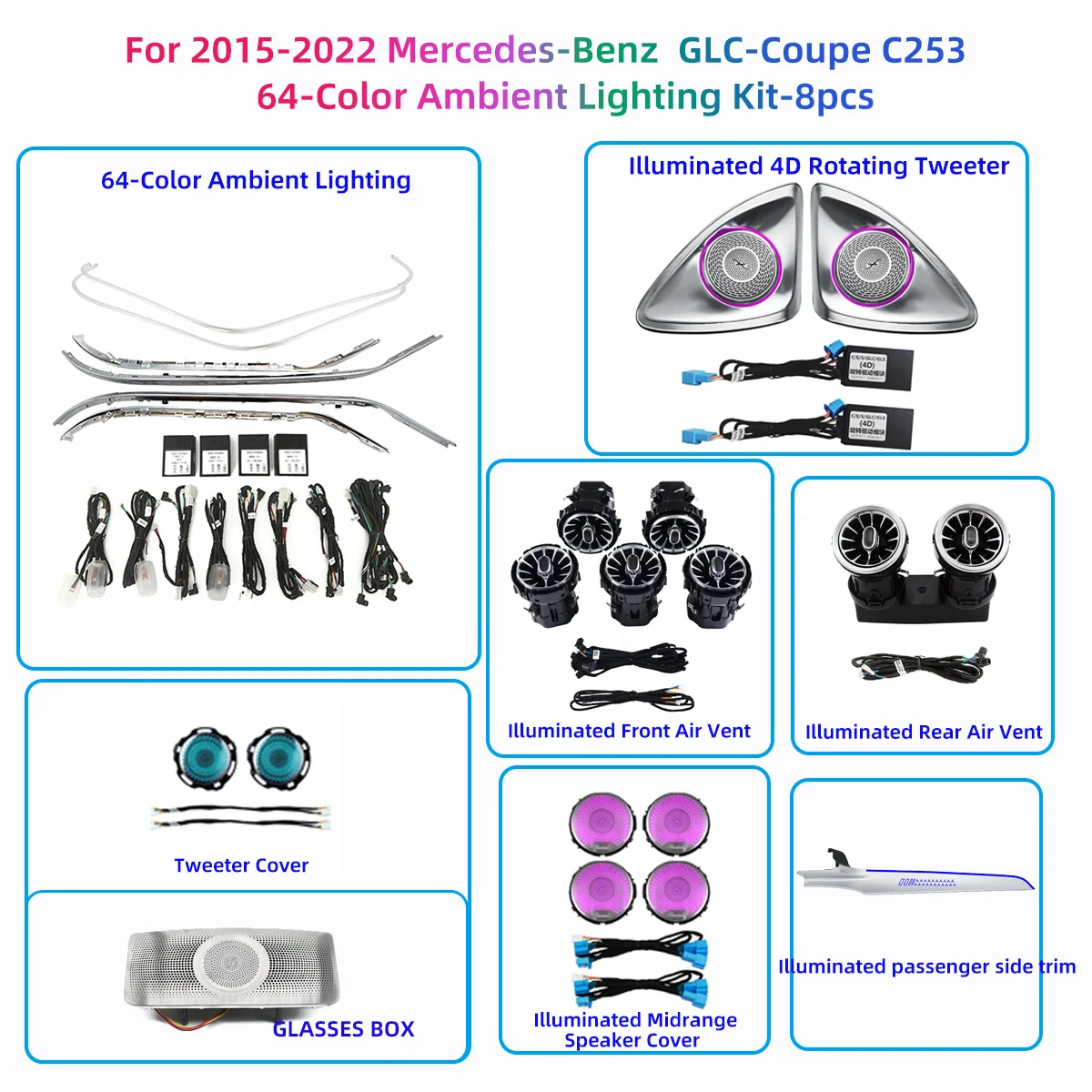 8 PCS Kit Full Set 64 color Ambient Ligh Car Interior Lights For Mercedes-Benz C GLC X253 W205 Car Lighting System