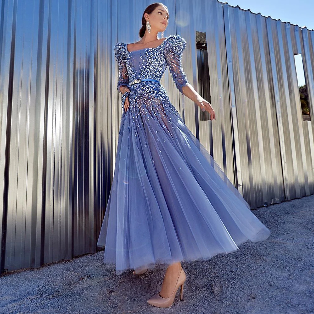 Blue Midi Evening Dresses Luxury Dubai Sequin Crystal Muslim With Belt Arabic Wedding Formal Party Prom Gowns Vestido Customized