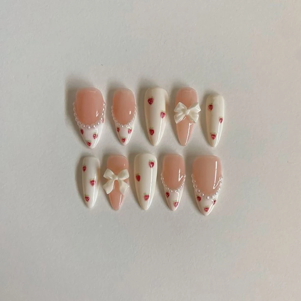 French Bow Nude Pink Fake Nails Party Sticker Strawberry Pearl White Cream Sweet Long Almond Press On Nails Art Birthday Gift