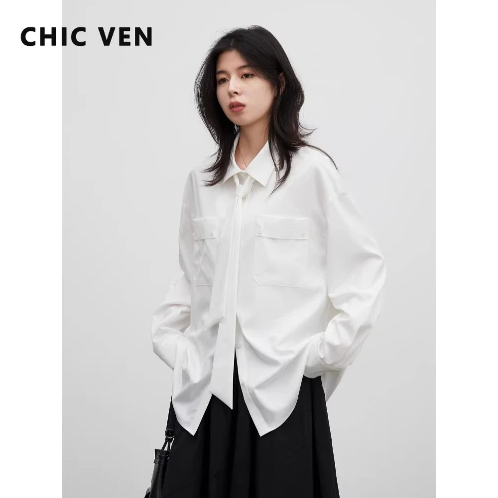 

Модная женская рубашка CHIC VEN: свободная повседневная блузка с белой лентой на воротнике, длинными рукавами, защитой от морщин, весна-лето 2026