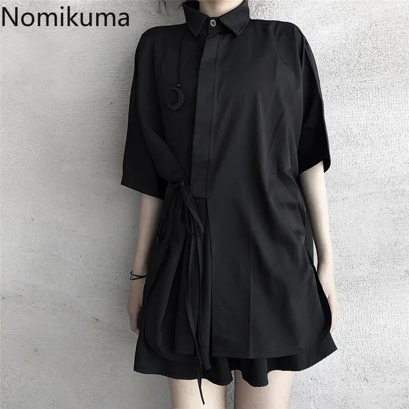 Harajuku Black Blouses Women Japanese Summer Shirts Oversized Y2k Tops 2024 Blusas Mujer De Moda Bandage Casual Fashion Blouse